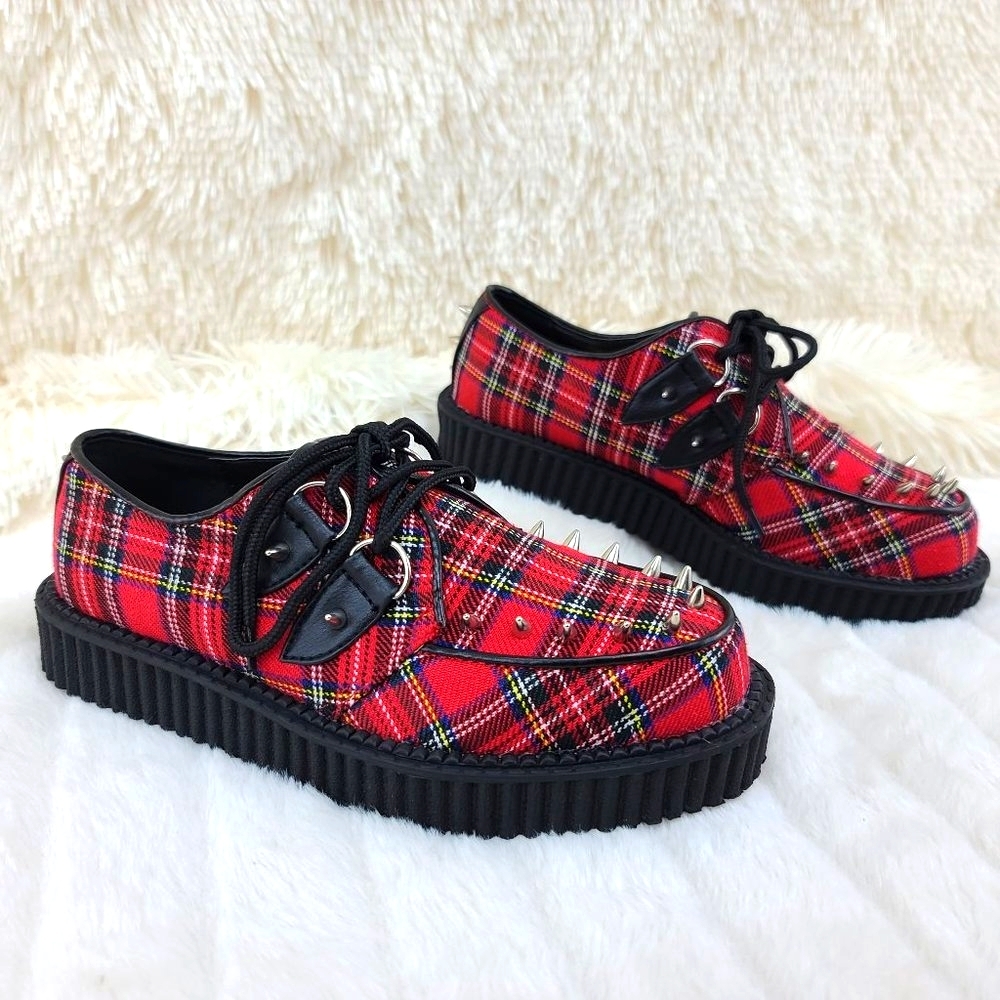 Demonia Red Plaid Platform Creeper w/ Cone Spikes - Picture 5 of 10
